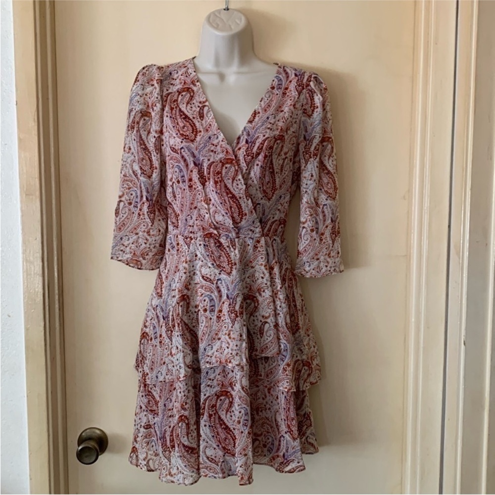 🌿 Boho Paisley Ruffle Chiffon Mini Dress size XS